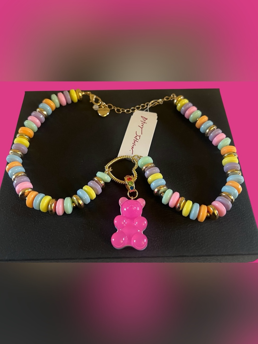 Betsey Johnson Pink Gummy Bear Charm Pastel Beaded Necklace - Picture 2 of 16